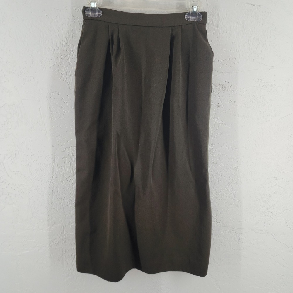 VTG Lands End Womens 4 Olive Green 100% Wool Pleated Midi Skirt Pockets USA Made